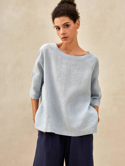 AURORA 100% Linen Boatneck 3/4 Length Sleeve Top