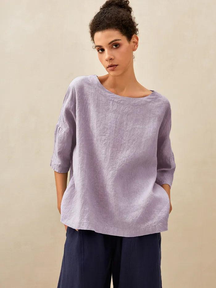 AURORA 100% Linen Boatneck 3/4 Length Sleeve Top