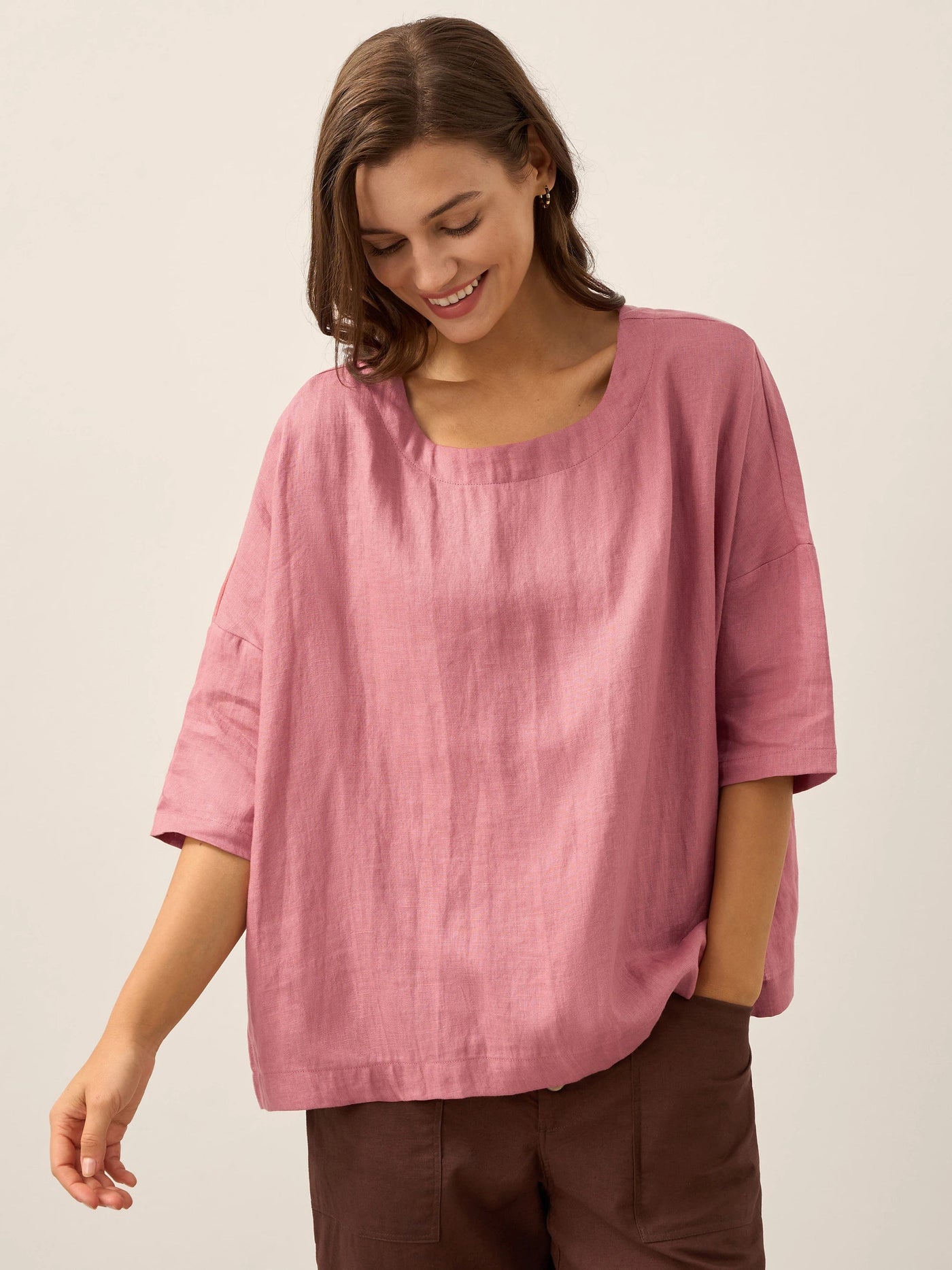 AURORA 100% Linen Boatneck 3/4 Length Sleeve Top