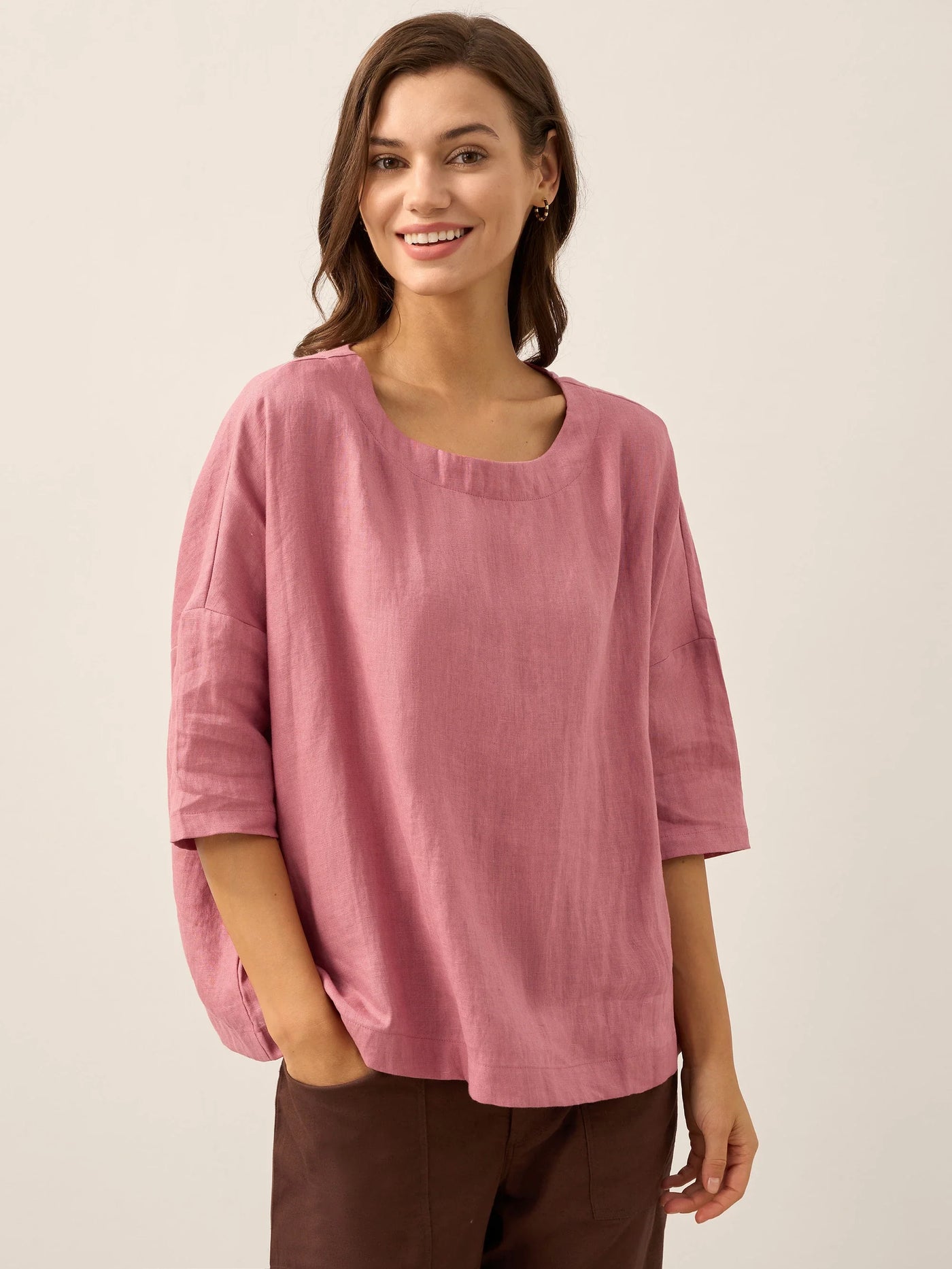 AURORA 100% Linen Boatneck 3/4 Length Sleeve Top