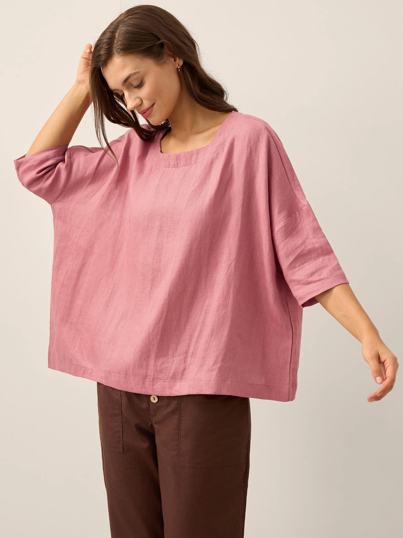 AURORA 100% Linen Boatneck 3/4 Length Sleeve Top