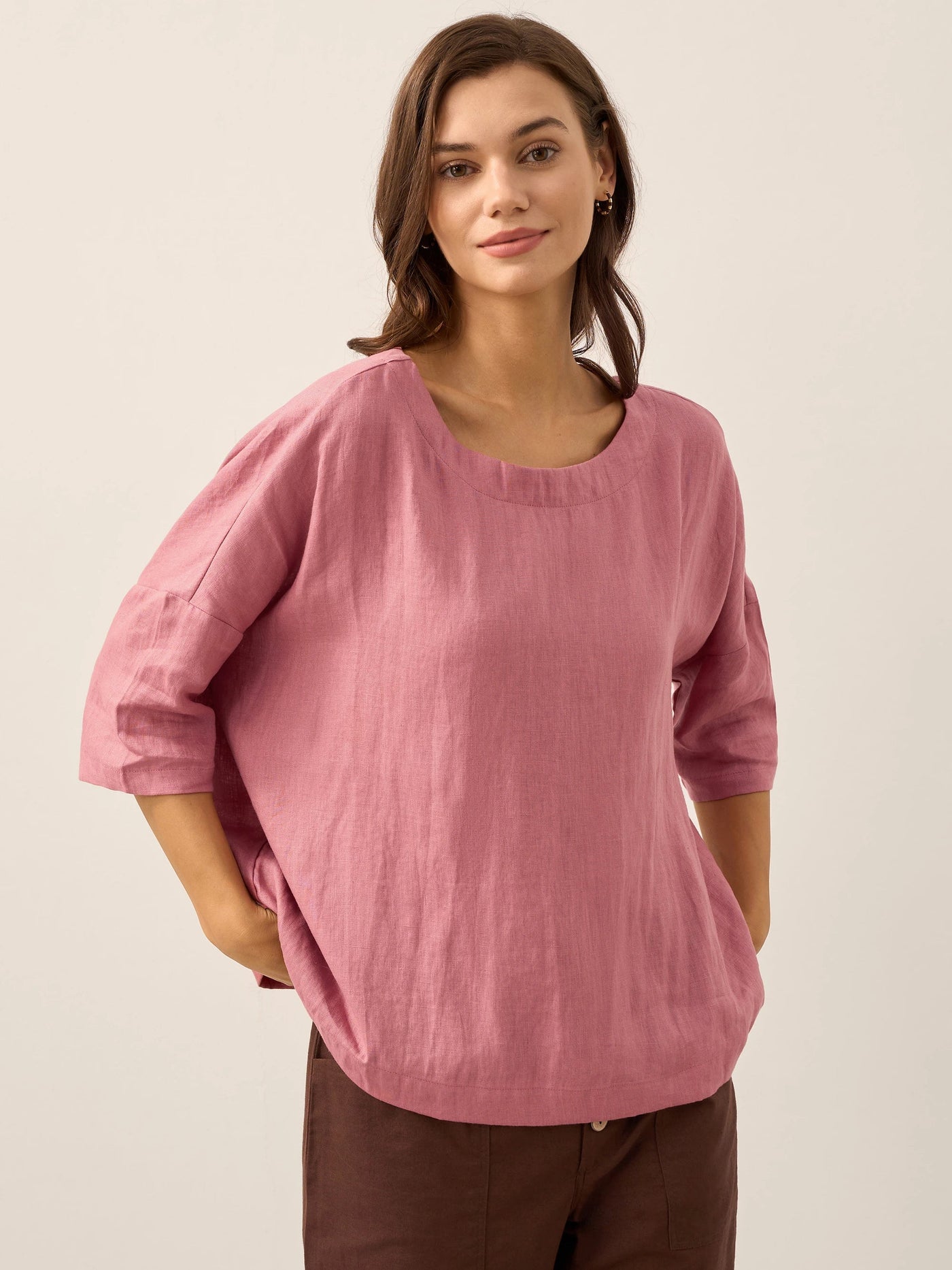 AURORA 100% Linen Boatneck 3/4 Length Sleeve Top