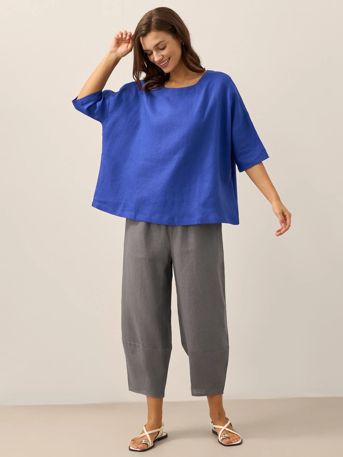 AURORA 100% Linen Boatneck 3/4 Length Sleeve Top