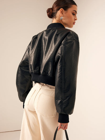 Crown Elara™ | Zip Pockets PU Leather Jacket