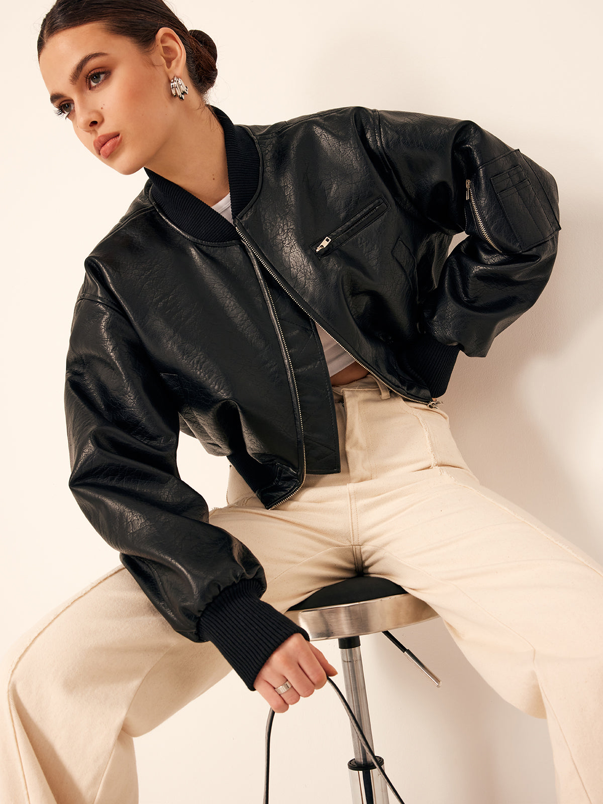 Crown Elara™ | Zip Pockets PU Leather Jacket