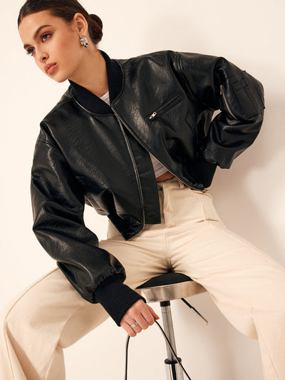 Crown Elara™ | Zip Pockets PU Leather Jacket
